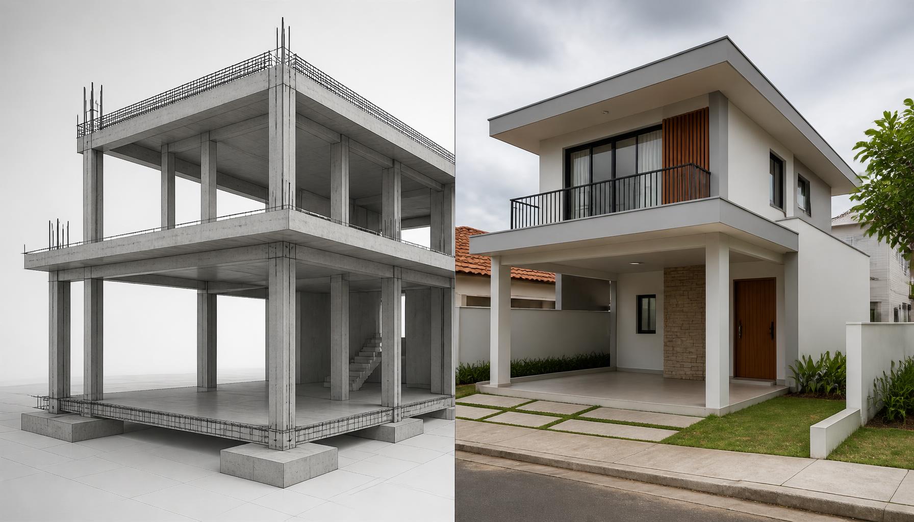 Comparação entre modelo estrutural 3D e residência construída